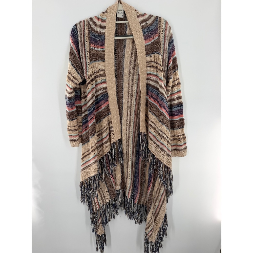 American Rag Womens Multi Color Striped Fringe Open Front Cardigan Sweater M